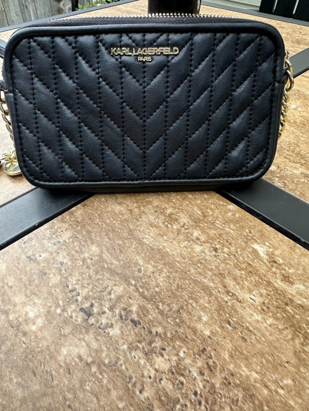 Karl Lagerfeld Paris Karolina Quilted Leather Crossbody Bag - Black & Gold